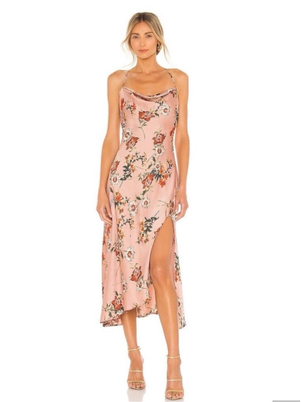ASTR Etherial Gaia Side-Slit Midi Dress Cowl Neck Sleeveless Dark Blush Floral